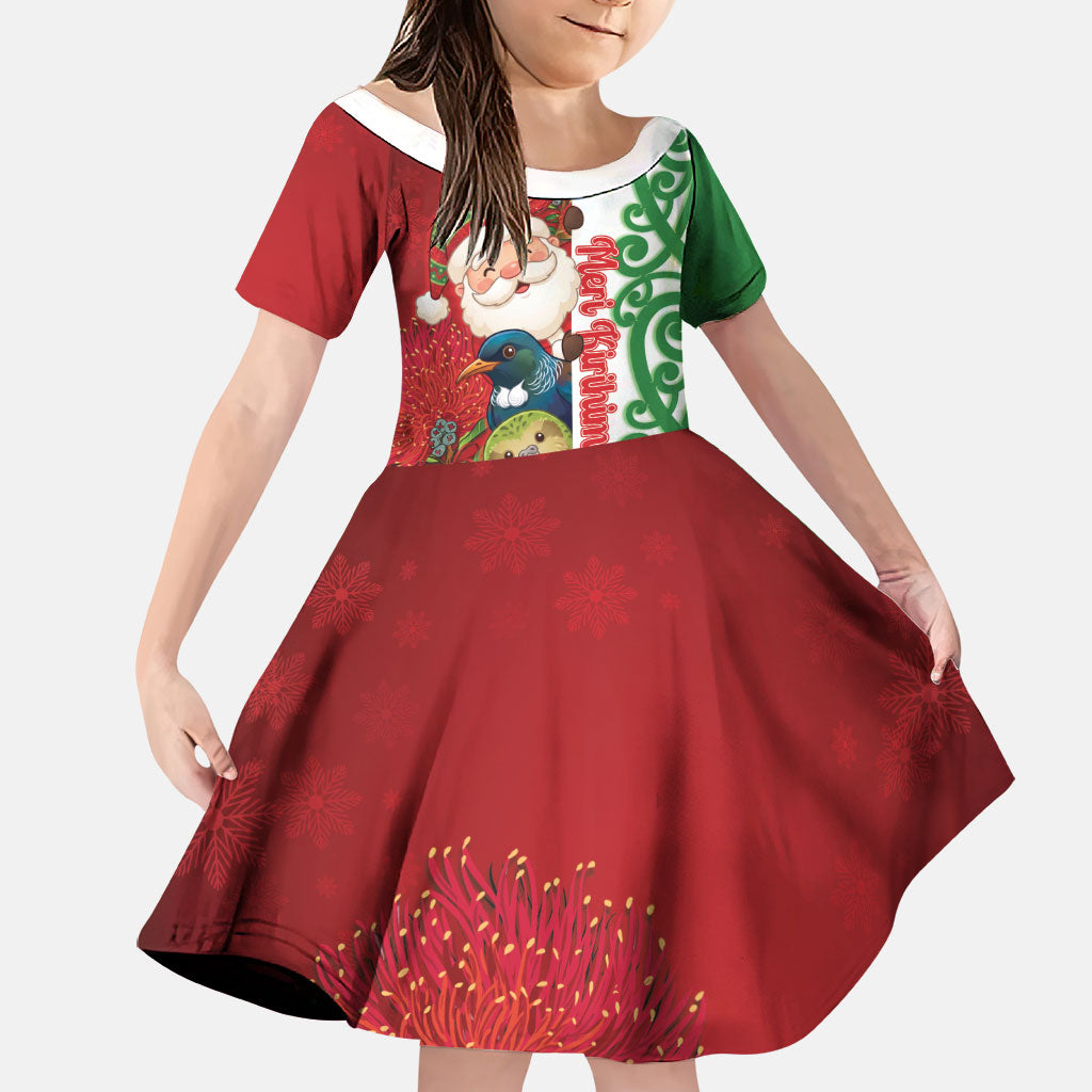Meri Kirihimete New Zealand Personalised Family Matching Short Sleeve Bodycon Dress and Hawaiian Shirt Cute Santa NZ Animals and Pohutukawa