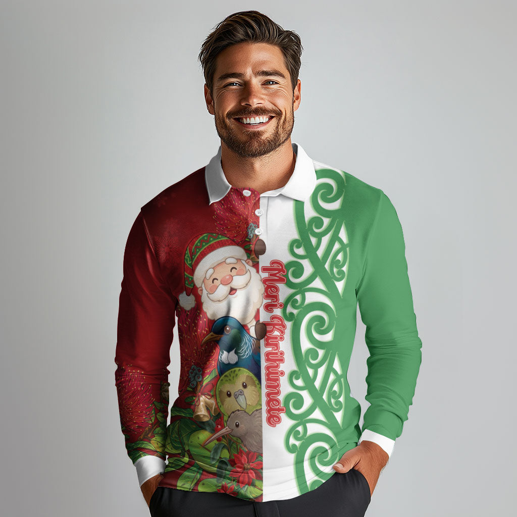 Meri Kirihimete New Zealand Personalised Long Sleeve Polo Shirt Cute Santa NZ Animals and Pohutukawa