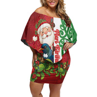Meri Kirihimete New Zealand Personalised Off Shoulder Short Dress Cute Santa NZ Animals and Pohutukawa