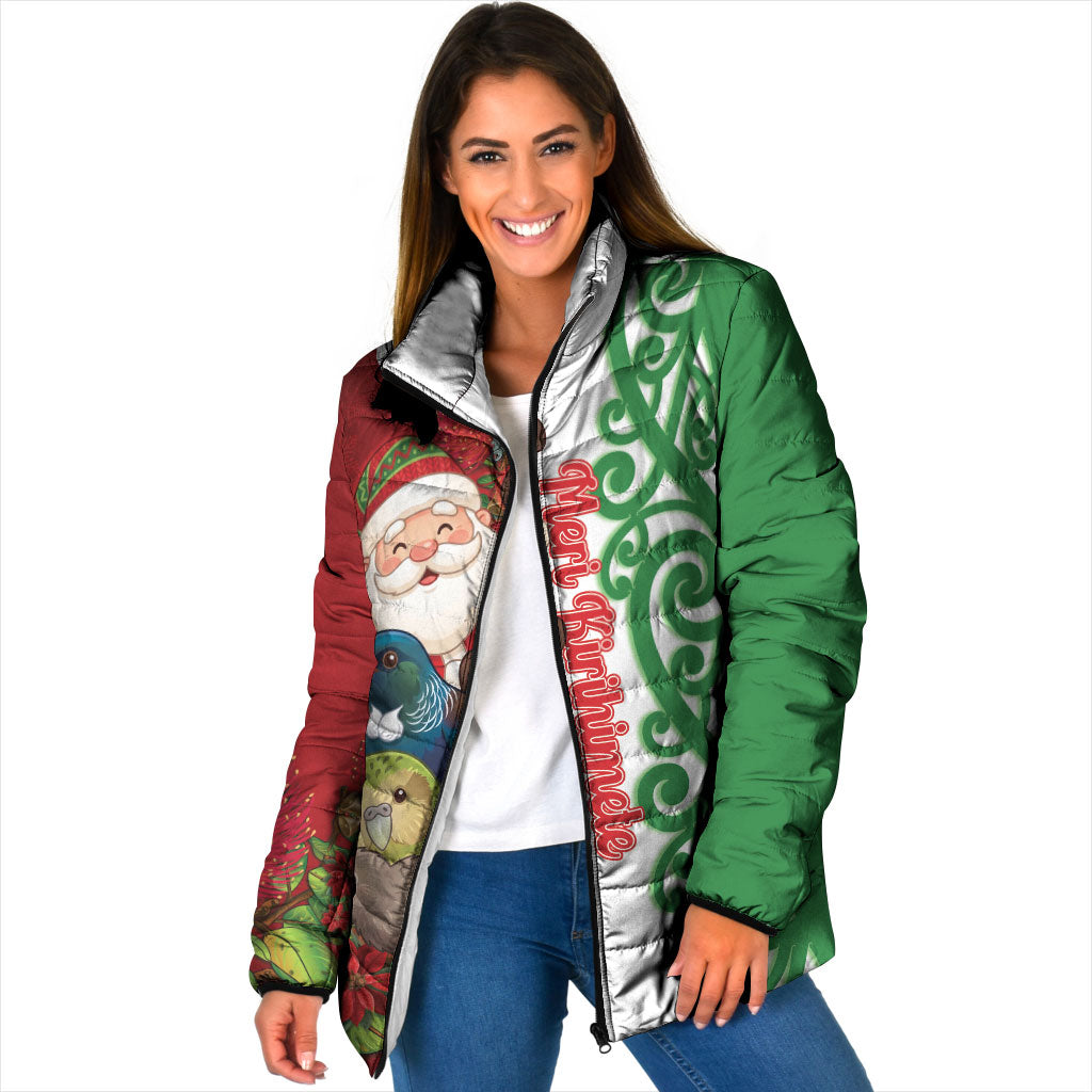 Meri Kirihimete New Zealand Personalised Padded Jacket Cute Santa NZ Animals and Pohutukawa