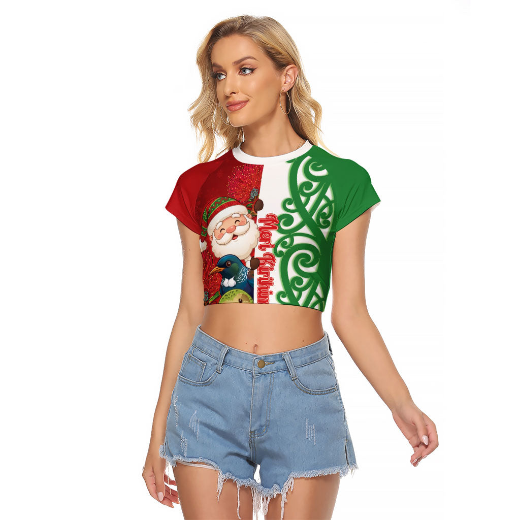 Meri Kirihimete New Zealand Personalised Raglan Cropped T Shirt Cute Santa NZ Animals and Pohutukawa