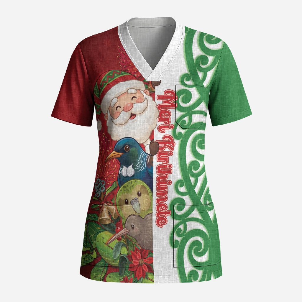 Meri Kirihimete New Zealand Personalised Scrub Top Cute Santa NZ Animals and Pohutukawa