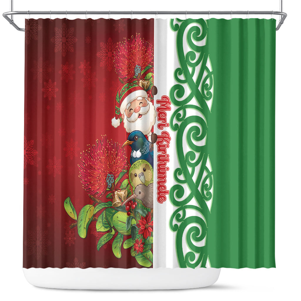 Meri Kirihimete New Zealand Shower Curtain Cute Santa NZ Animals and Pohutukawa