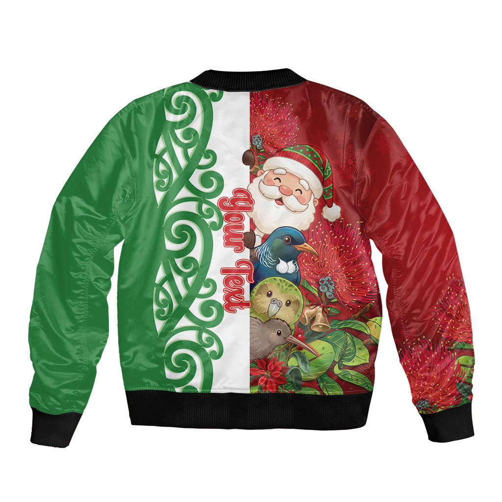 Meri Kirihimete New Zealand Personalised Sleeve Zip Bomber Jacket Cute Santa NZ Animals and Pohutukawa