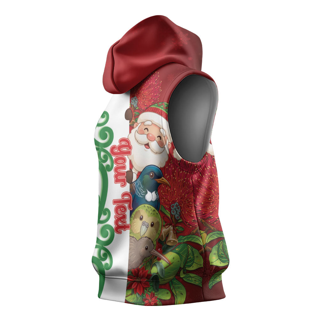 Meri Kirihimete New Zealand Personalised Sleeveless Hoodie Cute Santa NZ Animals and Pohutukawa
