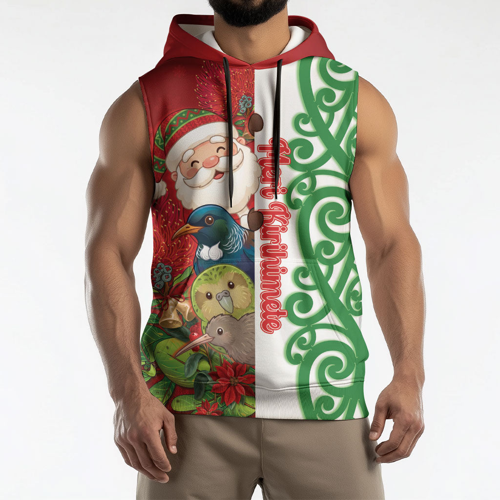 Meri Kirihimete New Zealand Personalised Sleeveless Hoodie Cute Santa NZ Animals and Pohutukawa