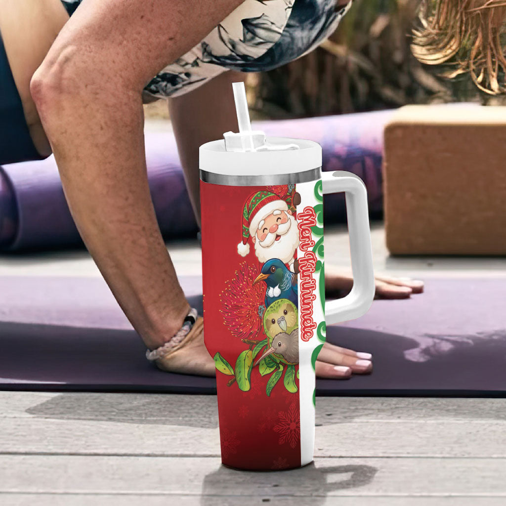 Meri Kirihimete New Zealand Personalised Tumbler With Handle Cute Santa NZ Animals and Pohutukawa