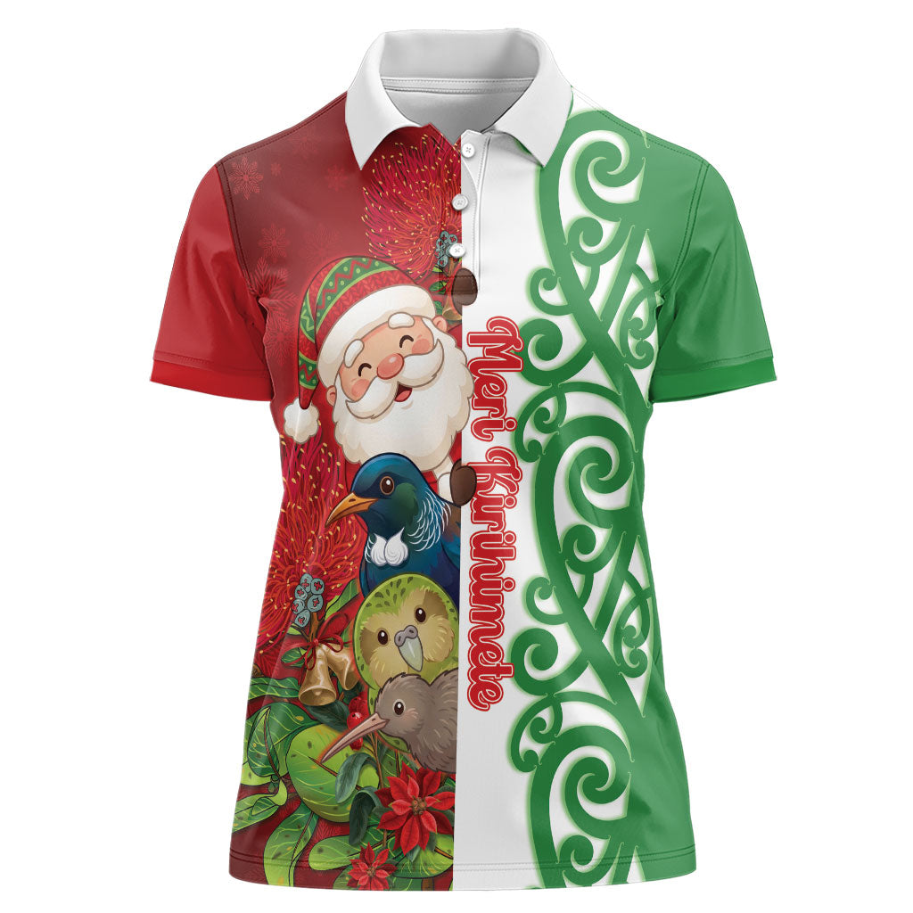 Meri Kirihimete New Zealand Personalised Women Polo Shirt Cute Santa NZ Animals and Pohutukawa