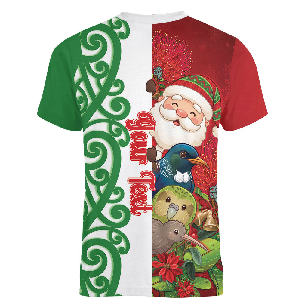 Meri Kirihimete New Zealand Personalised Women V-Neck T-Shirt Cute Santa NZ Animals and Pohutukawa