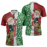 Meri Kirihimete New Zealand Personalised Zipper Polo Shirt Cute Santa NZ Animals and Pohutukawa