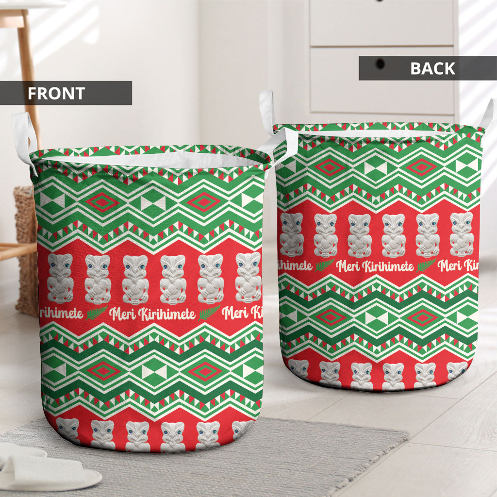 New Zealand Christmas In July Laundry Basket Meri Kirihimete Hei Tiki Taniko Motifs Seamless