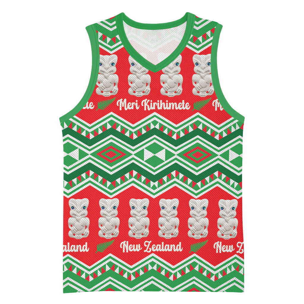 New Zealand Christmas In July Basketball Jersey Meri Kirihimete Hei Tiki Taniko Motifs Seamless