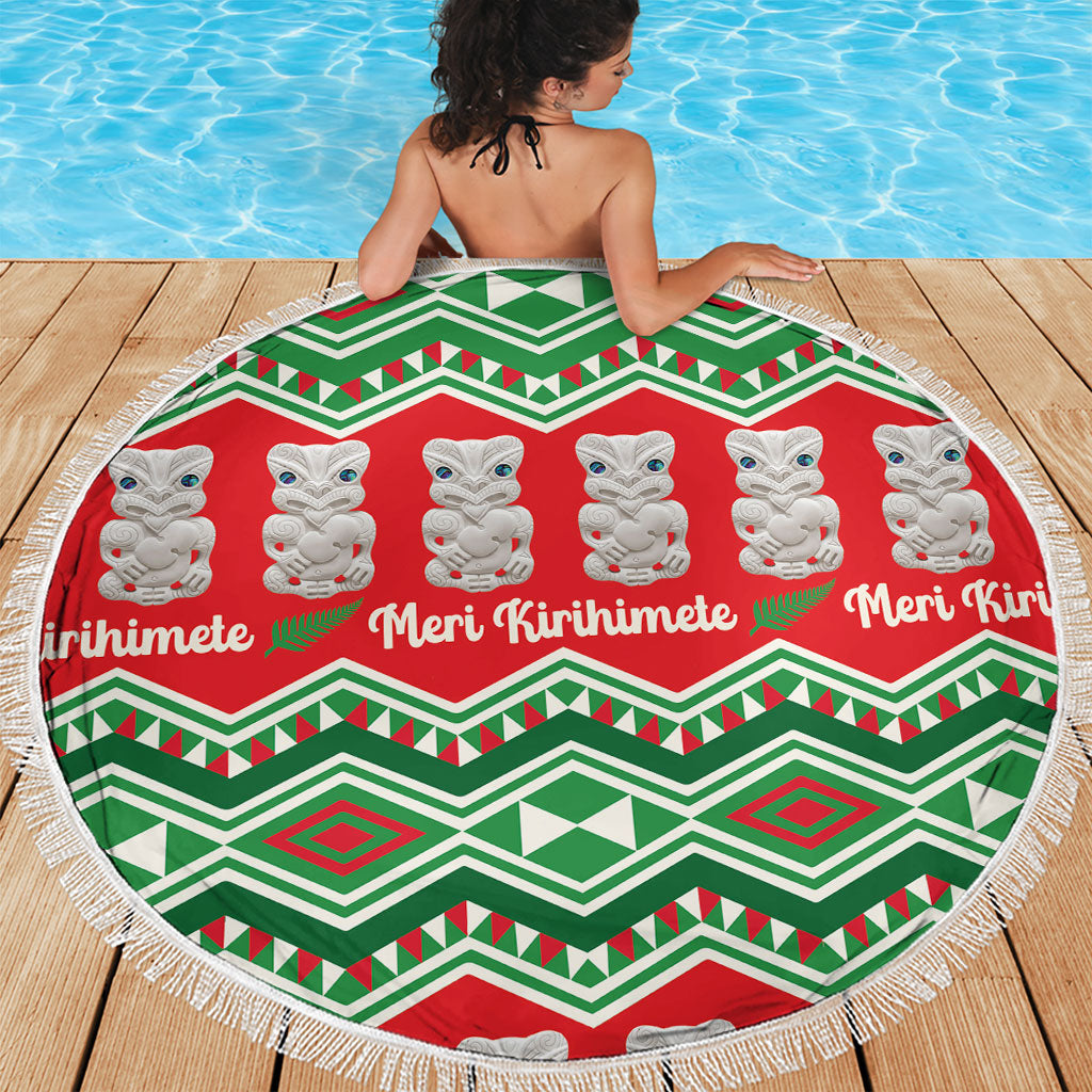 New Zealand Christmas In July Beach Blanket Meri Kirihimete Hei Tiki Taniko Motifs Seamless