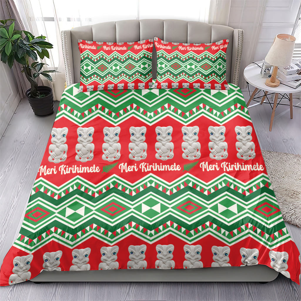 New Zealand Christmas In July Bedding Set Meri Kirihimete Hei Tiki Taniko Motifs Seamless