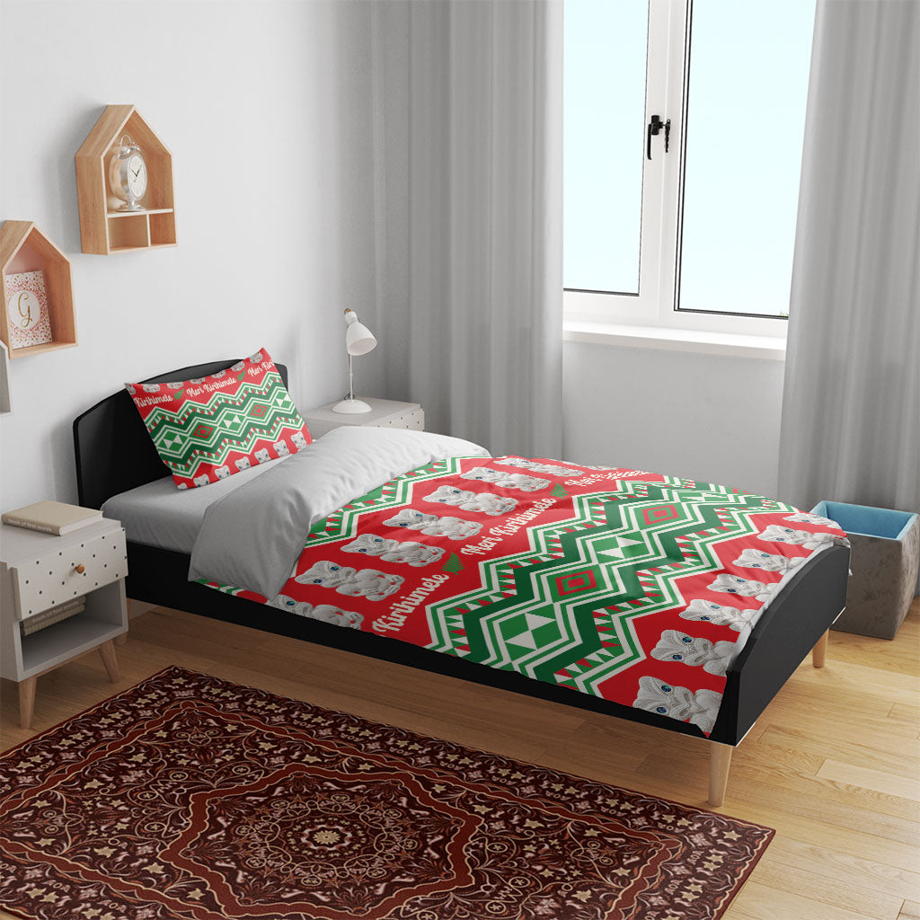 New Zealand Christmas In July Bedding Set Meri Kirihimete Hei Tiki Taniko Motifs Seamless