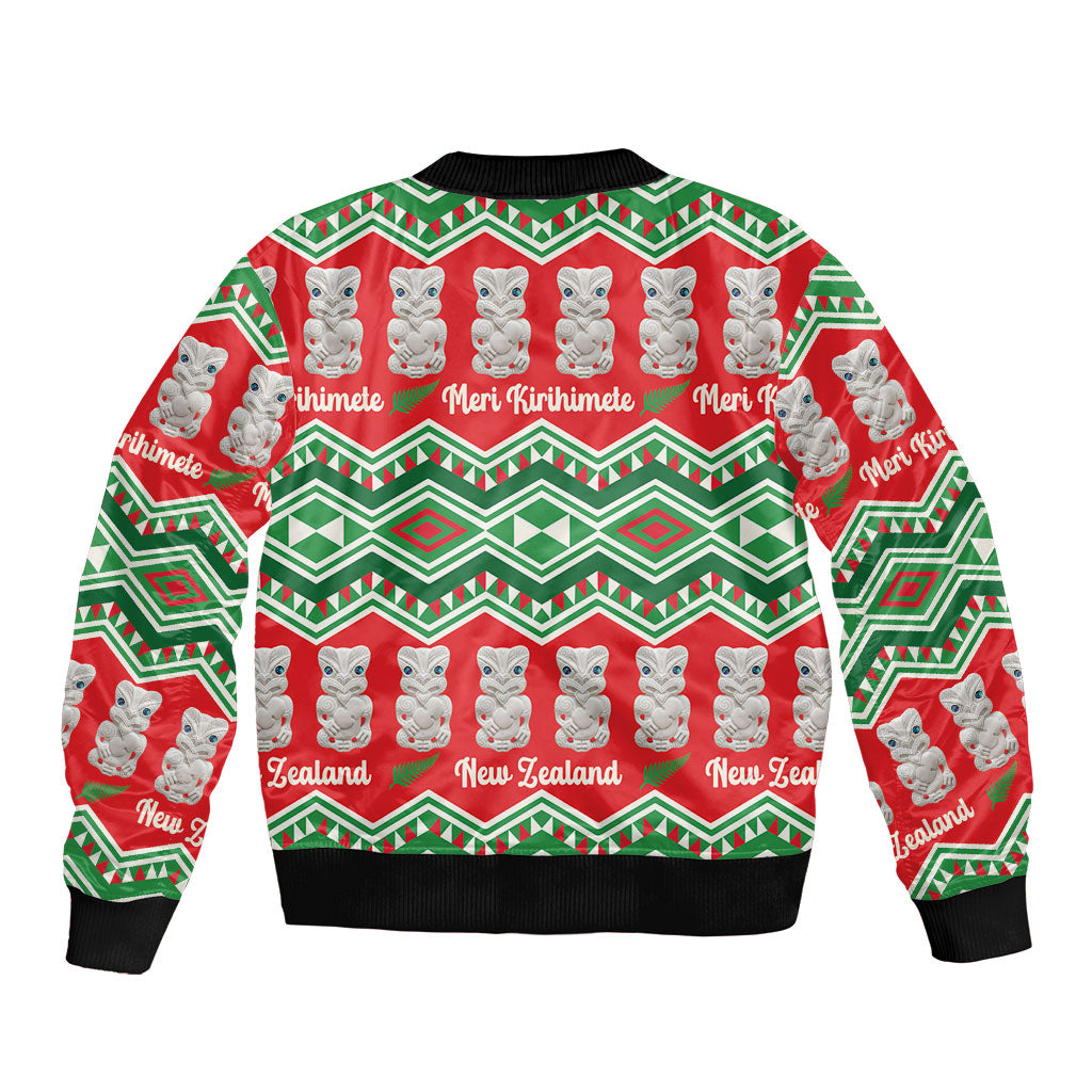 New Zealand Christmas In July Bomber Jacket Meri Kirihimete Hei Tiki Taniko Motifs Seamless