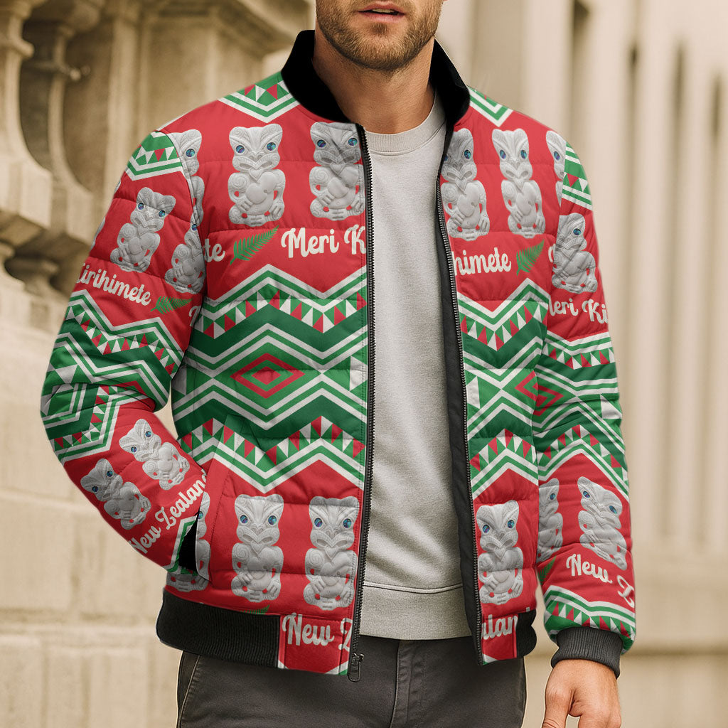 New Zealand Christmas In July Bomber Puffer Jacket Meri Kirihimete Hei Tiki Taniko Motifs Seamless