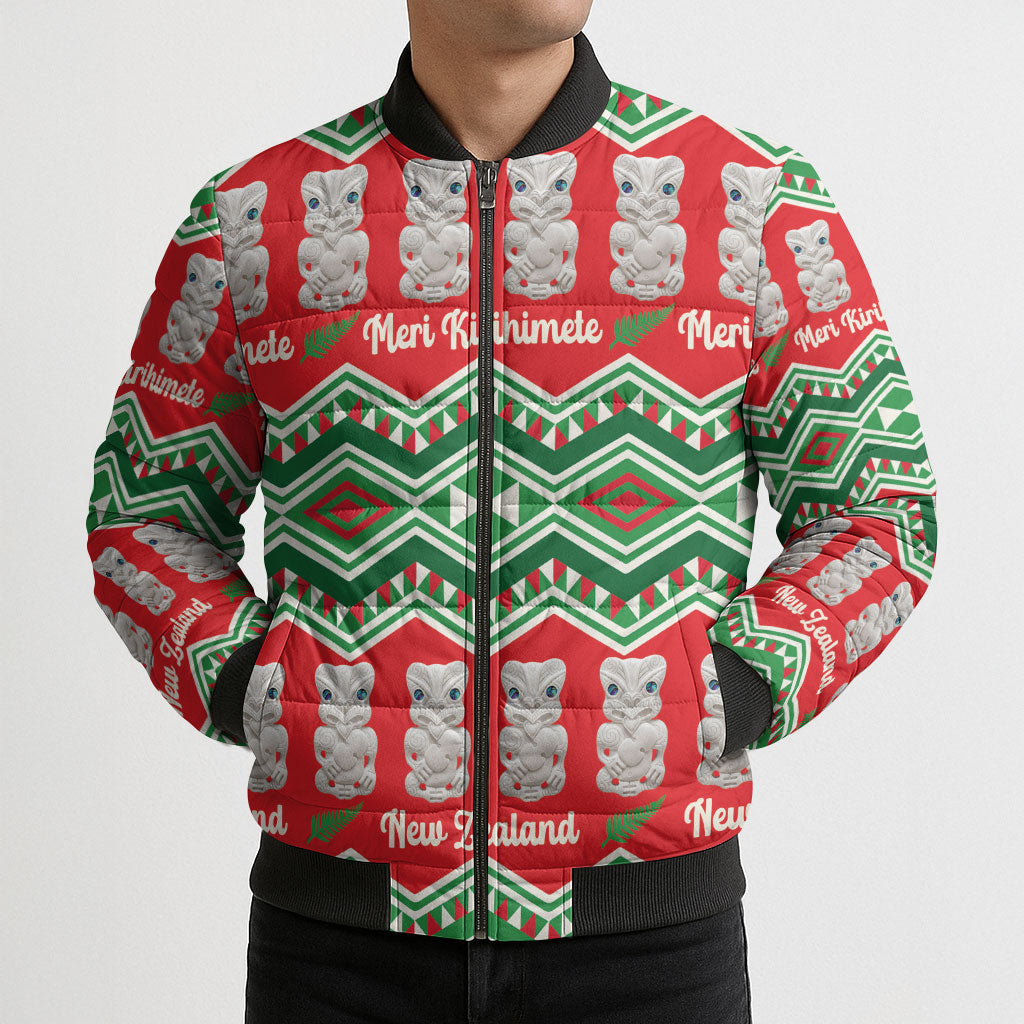 New Zealand Christmas In July Bomber Puffer Jacket Meri Kirihimete Hei Tiki Taniko Motifs Seamless