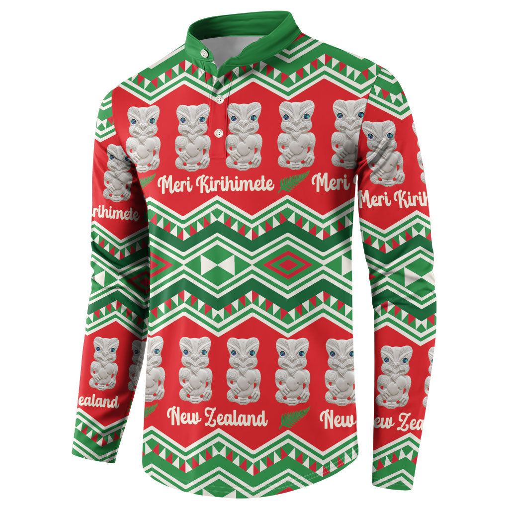 New Zealand Christmas In July Button Sweatshirt Meri Kirihimete Hei Tiki Taniko Motifs Seamless