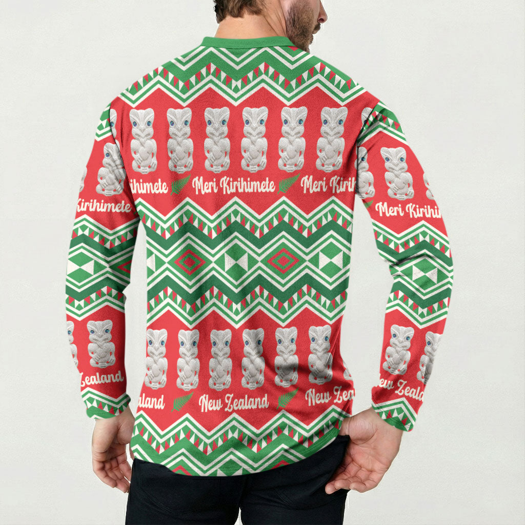 New Zealand Christmas In July Button Sweatshirt Meri Kirihimete Hei Tiki Taniko Motifs Seamless