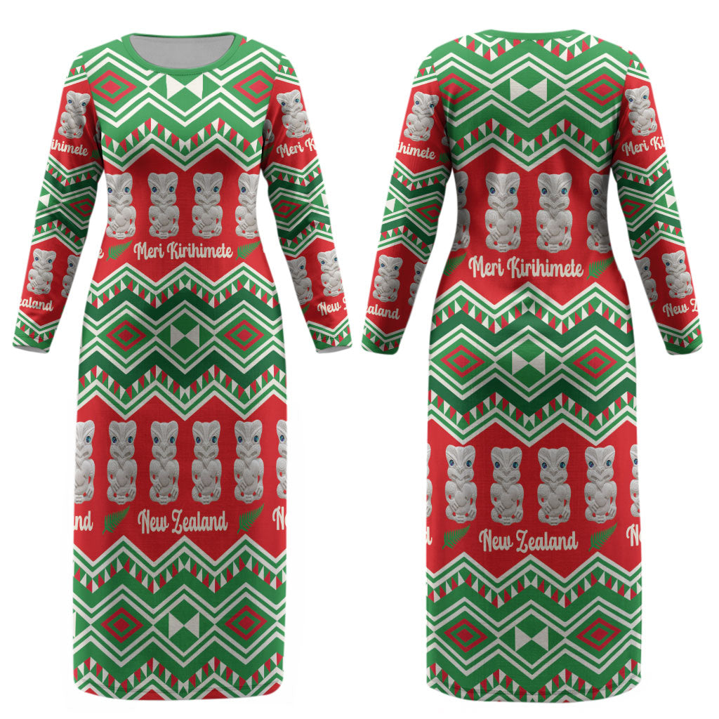 New Zealand Christmas In July Couples Matching Long Sleeve Bodycon Dress and Hawaiian Shirt Meri Kirihimete Hei Tiki Taniko Motifs Seamless LT14 - Polynesian Pride