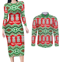 New Zealand Christmas In July Couples Matching Long Sleeve Bodycon Dress and Long Sleeve Button Shirt Meri Kirihimete Hei Tiki Taniko Motifs Seamless
