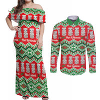 New Zealand Christmas In July Couples Matching Off Shoulder Maxi Dress and Long Sleeve Button Shirt Meri Kirihimete Hei Tiki Taniko Motifs Seamless