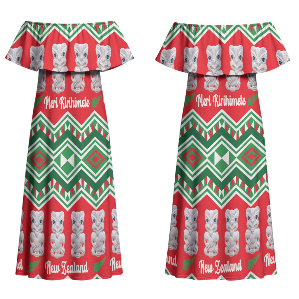New Zealand Christmas In July Couples Matching Off Shoulder Maxi Dress and Long Sleeve Button Shirt Meri Kirihimete Hei Tiki Taniko Motifs Seamless LT14 - Polynesian Pride