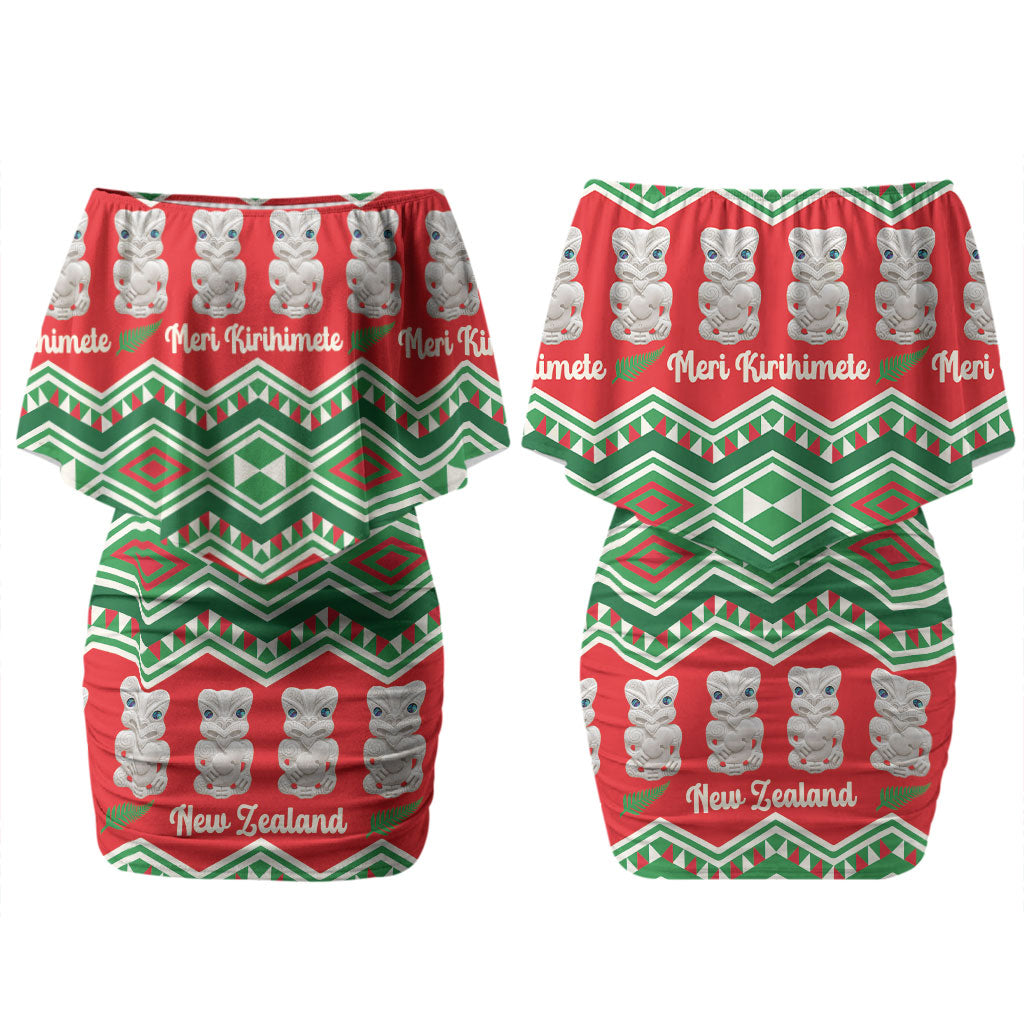 New Zealand Christmas In July Couples Matching Off Shoulder Short Dress and Long Sleeve Button Shirt Meri Kirihimete Hei Tiki Taniko Motifs Seamless LT14 - Polynesian Pride