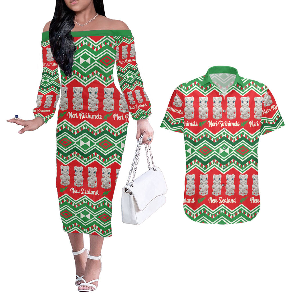 New Zealand Christmas In July Couples Matching Off The Shoulder Long Sleeve Dress and Hawaiian Shirt Meri Kirihimete Hei Tiki Taniko Motifs Seamless
