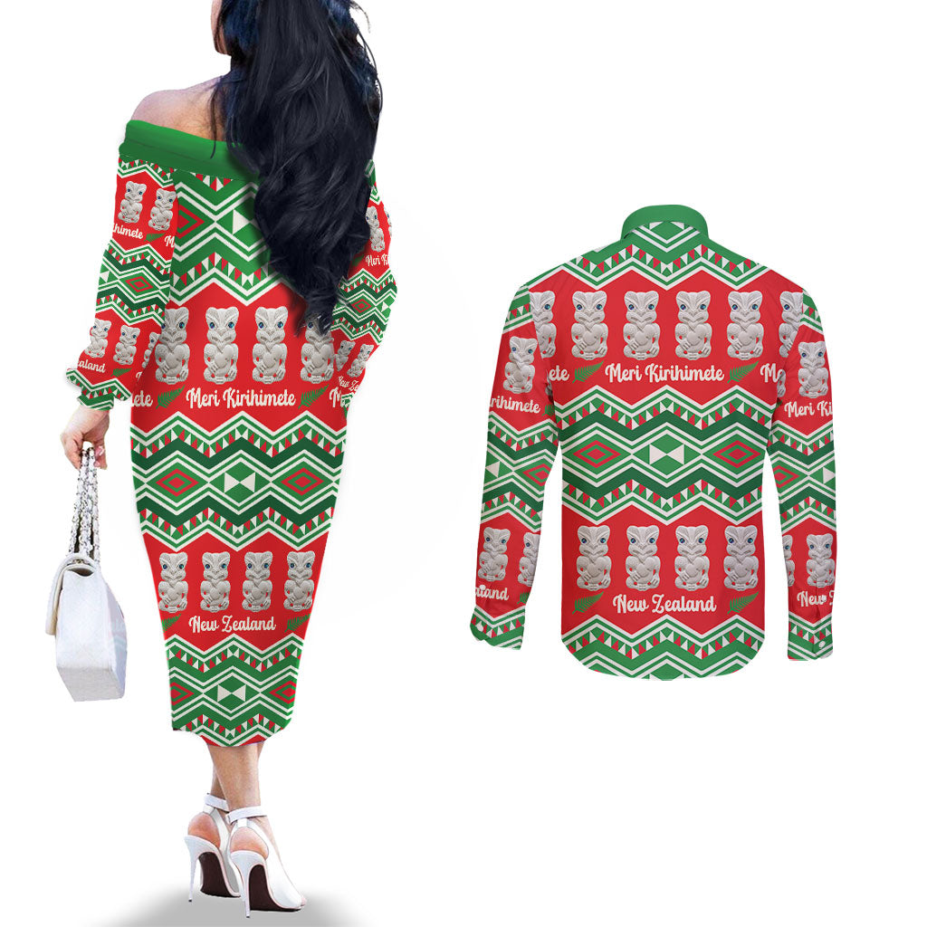 New Zealand Christmas In July Couples Matching Off The Shoulder Long Sleeve Dress and Long Sleeve Button Shirt Meri Kirihimete Hei Tiki Taniko Motifs Seamless