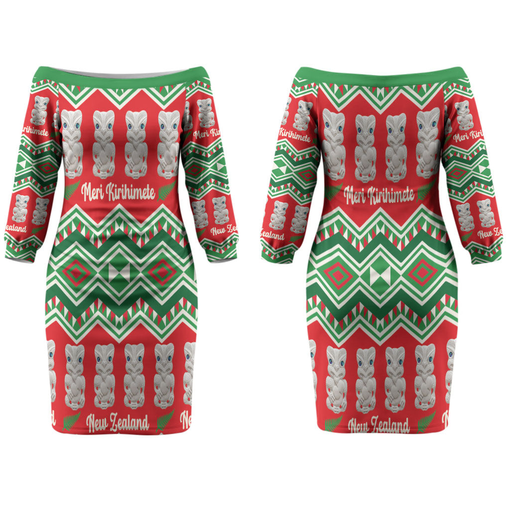 New Zealand Christmas In July Couples Matching Off The Shoulder Long Sleeve Dress and Long Sleeve Button Shirt Meri Kirihimete Hei Tiki Taniko Motifs Seamless LT14 - Polynesian Pride