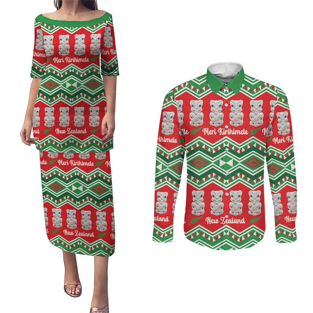 New Zealand Christmas In July Couples Matching Puletasi and Long Sleeve Button Shirt Meri Kirihimete Hei Tiki Taniko Motifs Seamless