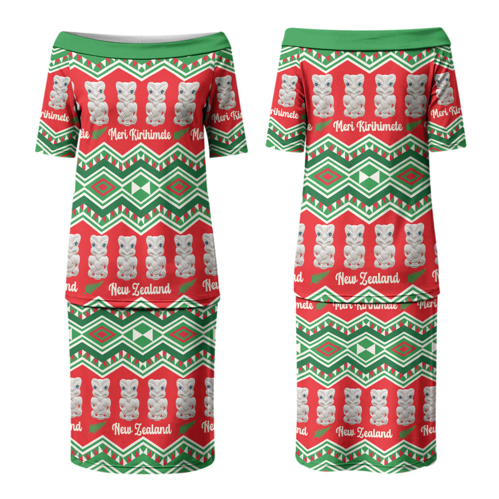 New Zealand Christmas In July Couples Matching Puletasi and Long Sleeve Button Shirt Meri Kirihimete Hei Tiki Taniko Motifs Seamless LT14 - Polynesian Pride