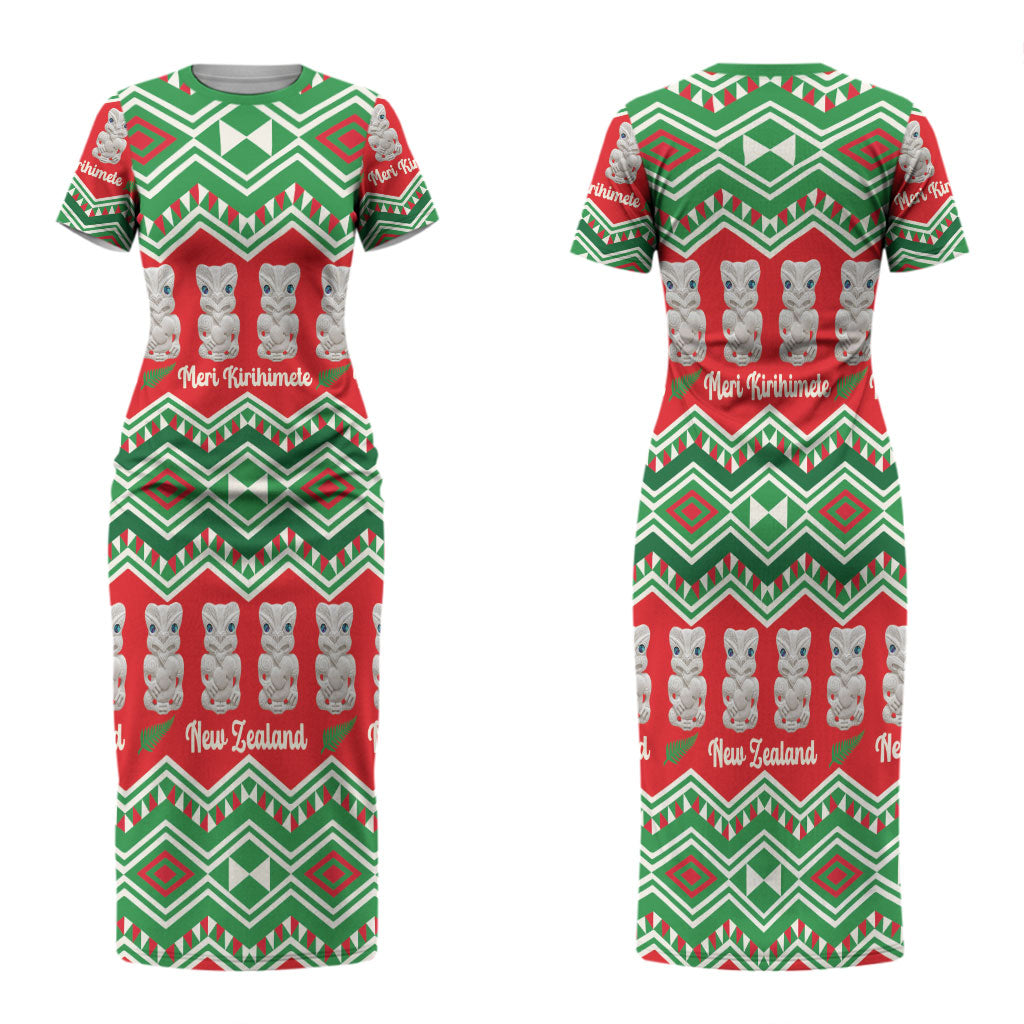 New Zealand Christmas In July Couples Matching Short Sleeve Bodycon Dress and Long Sleeve Button Shirt Meri Kirihimete Hei Tiki Taniko Motifs Seamless LT14 - Polynesian Pride