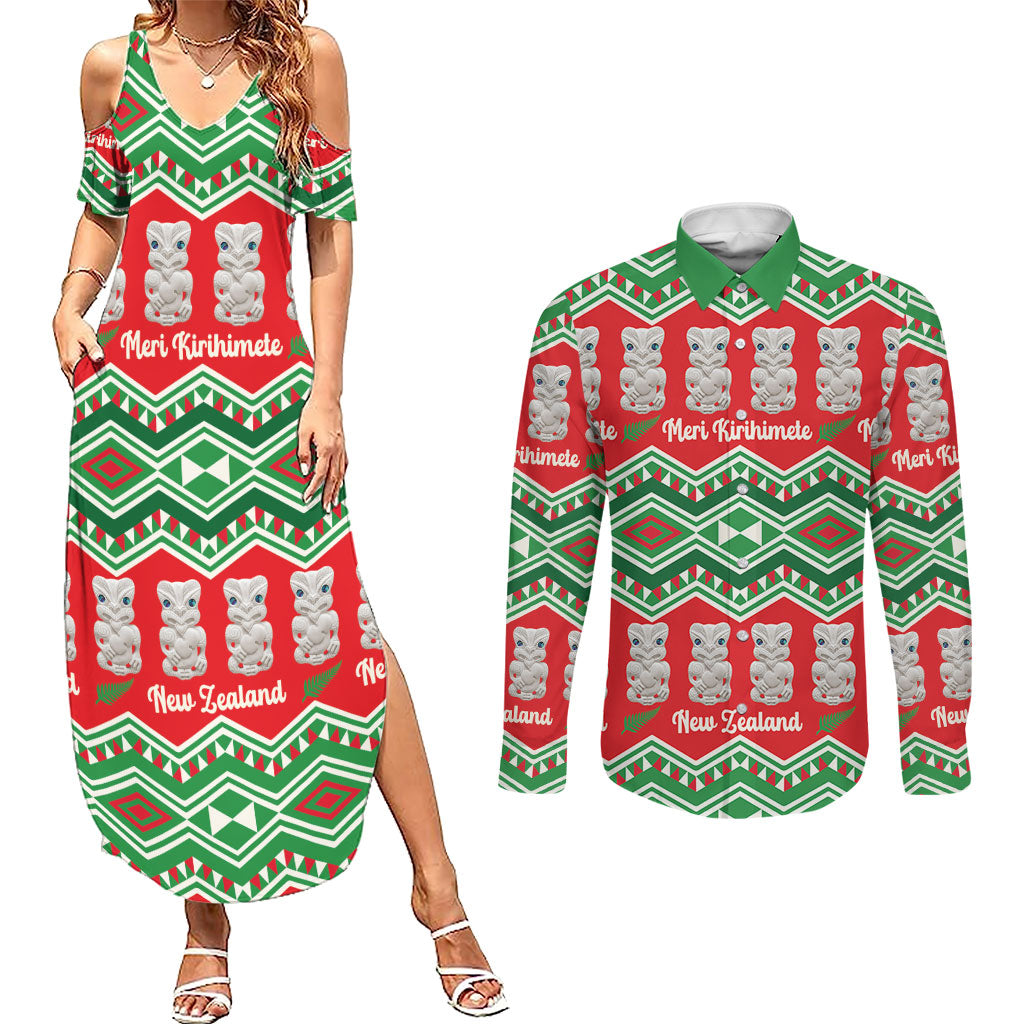 New Zealand Christmas In July Couples Matching Summer Maxi Dress and Long Sleeve Button Shirt Meri Kirihimete Hei Tiki Taniko Motifs Seamless