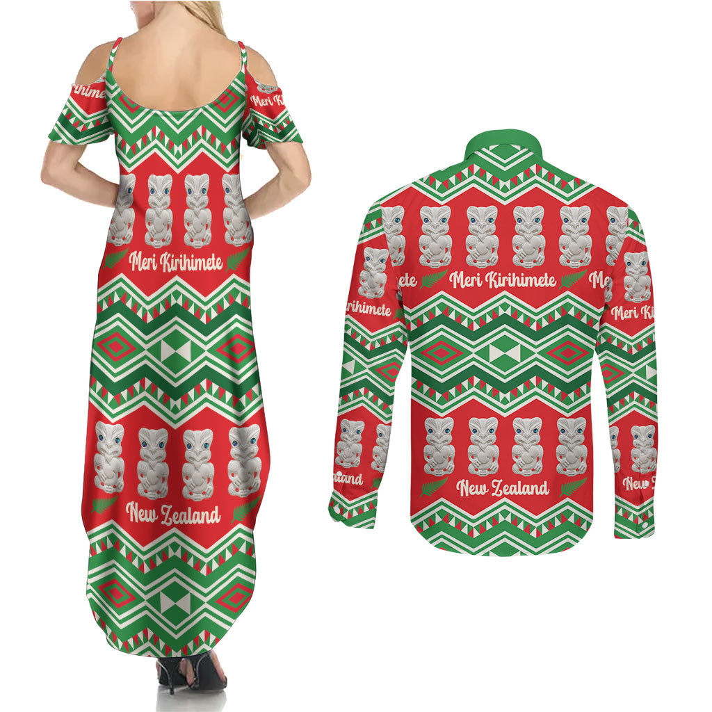 New Zealand Christmas In July Couples Matching Summer Maxi Dress and Long Sleeve Button Shirt Meri Kirihimete Hei Tiki Taniko Motifs Seamless