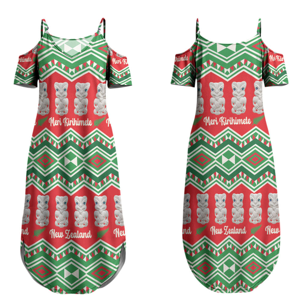 New Zealand Christmas In July Couples Matching Summer Maxi Dress and Long Sleeve Button Shirt Meri Kirihimete Hei Tiki Taniko Motifs Seamless LT14 - Polynesian Pride