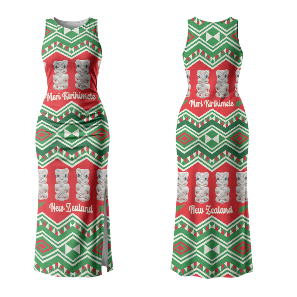 New Zealand Christmas In July Couples Matching Tank Maxi Dress and Hawaiian Shirt Meri Kirihimete Hei Tiki Taniko Motifs Seamless LT14 - Polynesian Pride