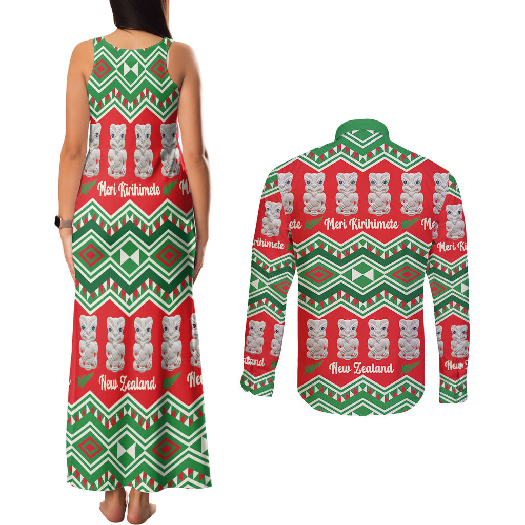 New Zealand Christmas In July Couples Matching Tank Maxi Dress and Long Sleeve Button Shirt Meri Kirihimete Hei Tiki Taniko Motifs Seamless