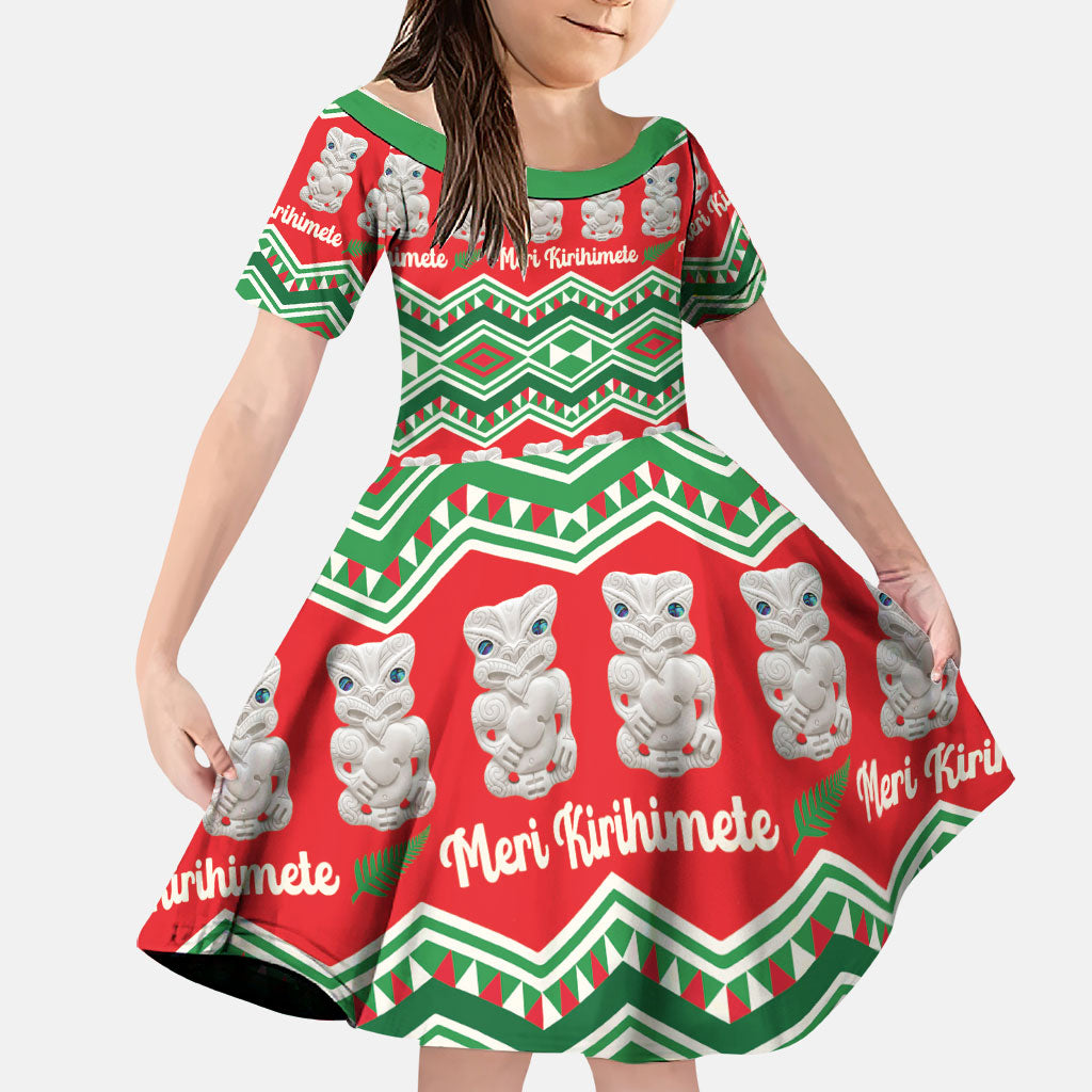 New Zealand Christmas In July Family Matching Off Shoulder Maxi Dress and Hawaiian Shirt Meri Kirihimete Hei Tiki Taniko Motifs Seamless