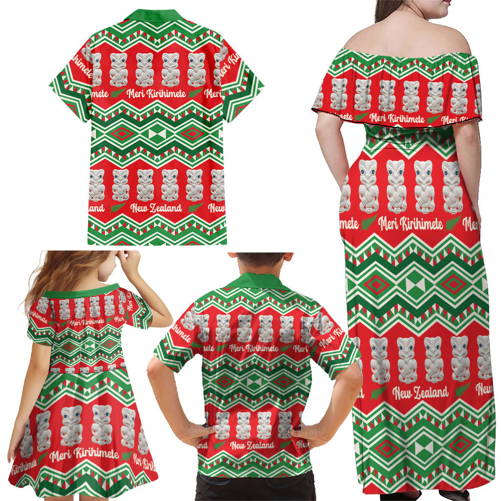 New Zealand Christmas In July Family Matching Off Shoulder Maxi Dress and Hawaiian Shirt Meri Kirihimete Hei Tiki Taniko Motifs Seamless