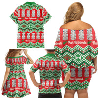 New Zealand Christmas In July Family Matching Off Shoulder Short Dress and Hawaiian Shirt Meri Kirihimete Hei Tiki Taniko Motifs Seamless