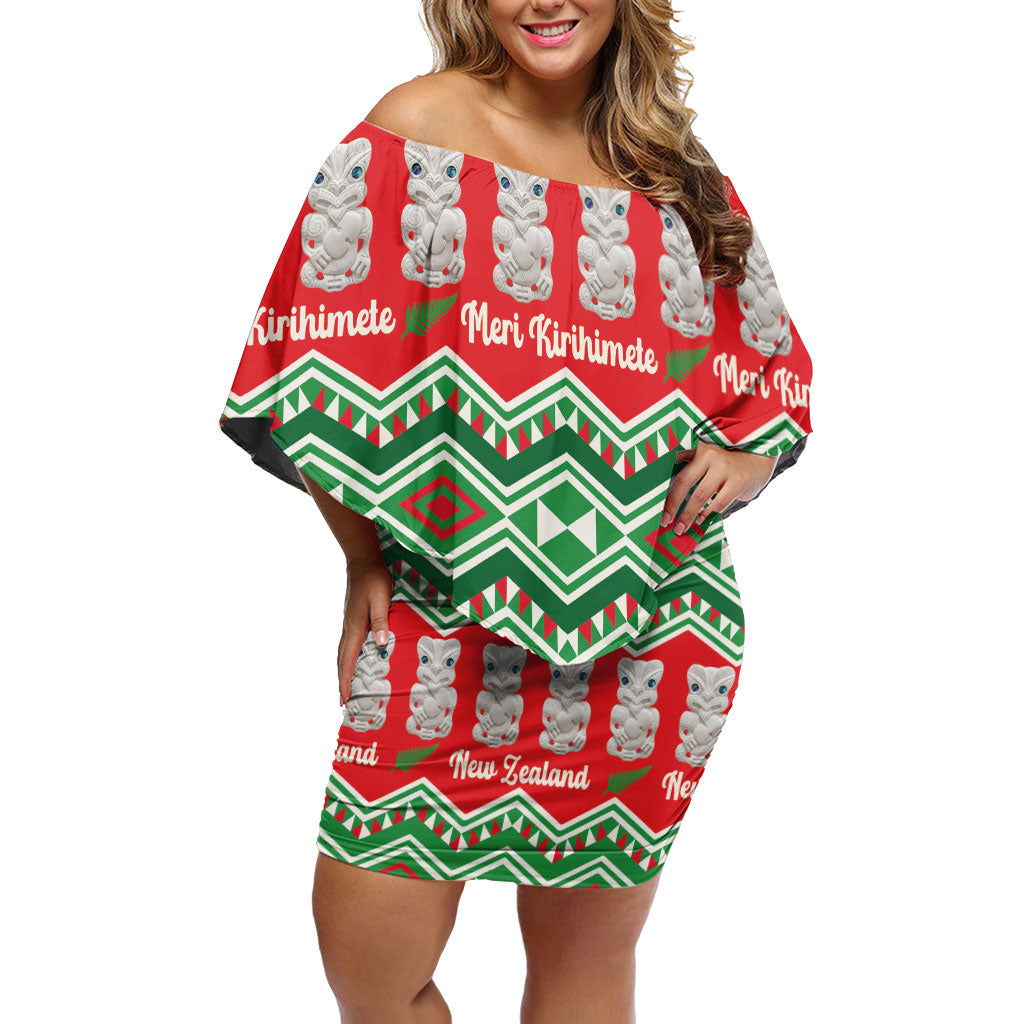 New Zealand Christmas In July Family Matching Off Shoulder Short Dress and Hawaiian Shirt Meri Kirihimete Hei Tiki Taniko Motifs Seamless