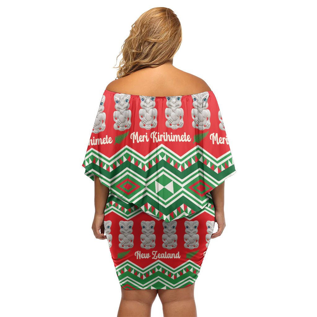 New Zealand Christmas In July Family Matching Off Shoulder Short Dress and Hawaiian Shirt Meri Kirihimete Hei Tiki Taniko Motifs Seamless