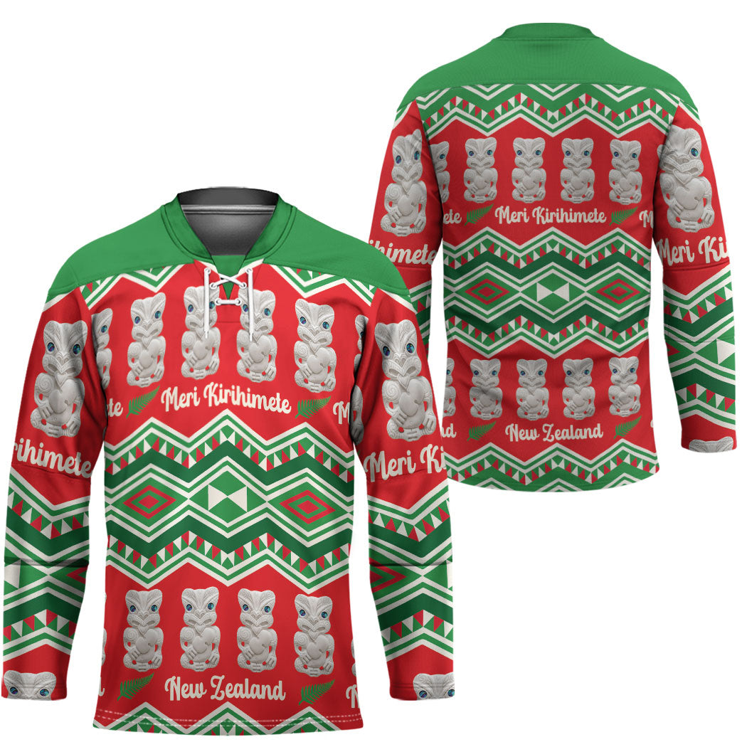 New Zealand Christmas In July Hockey Jersey Meri Kirihimete Hei Tiki Taniko Motifs Seamless
