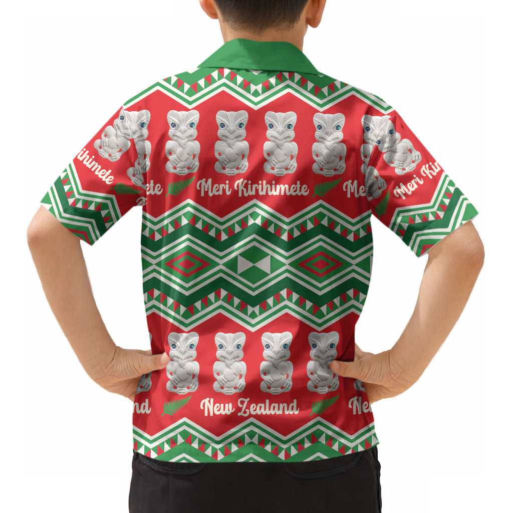 New Zealand Christmas In July Kid Hawaiian Shirt Meri Kirihimete Hei Tiki Taniko Motifs Seamless LT14 - Polynesian Pride