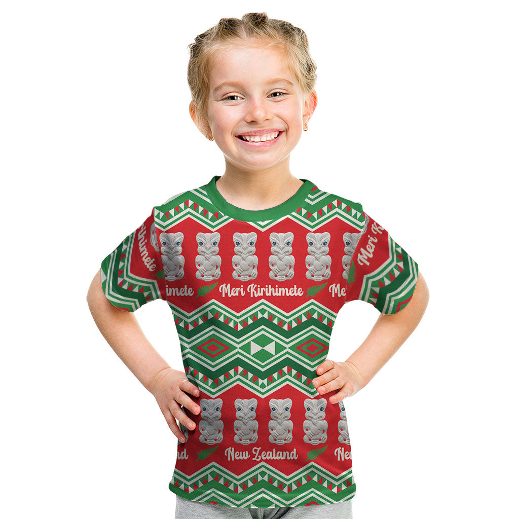 New Zealand Christmas In July Kid T Shirt Meri Kirihimete Hei Tiki Taniko Motifs Seamless
