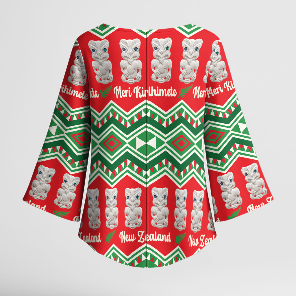 New Zealand Christmas In July Kimono Sleeve Blouse Meri Kirihimete Hei Tiki Taniko Motifs Seamless