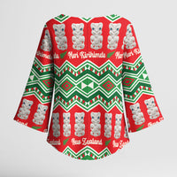 New Zealand Christmas In July Kimono Sleeve Blouse Meri Kirihimete Hei Tiki Taniko Motifs Seamless